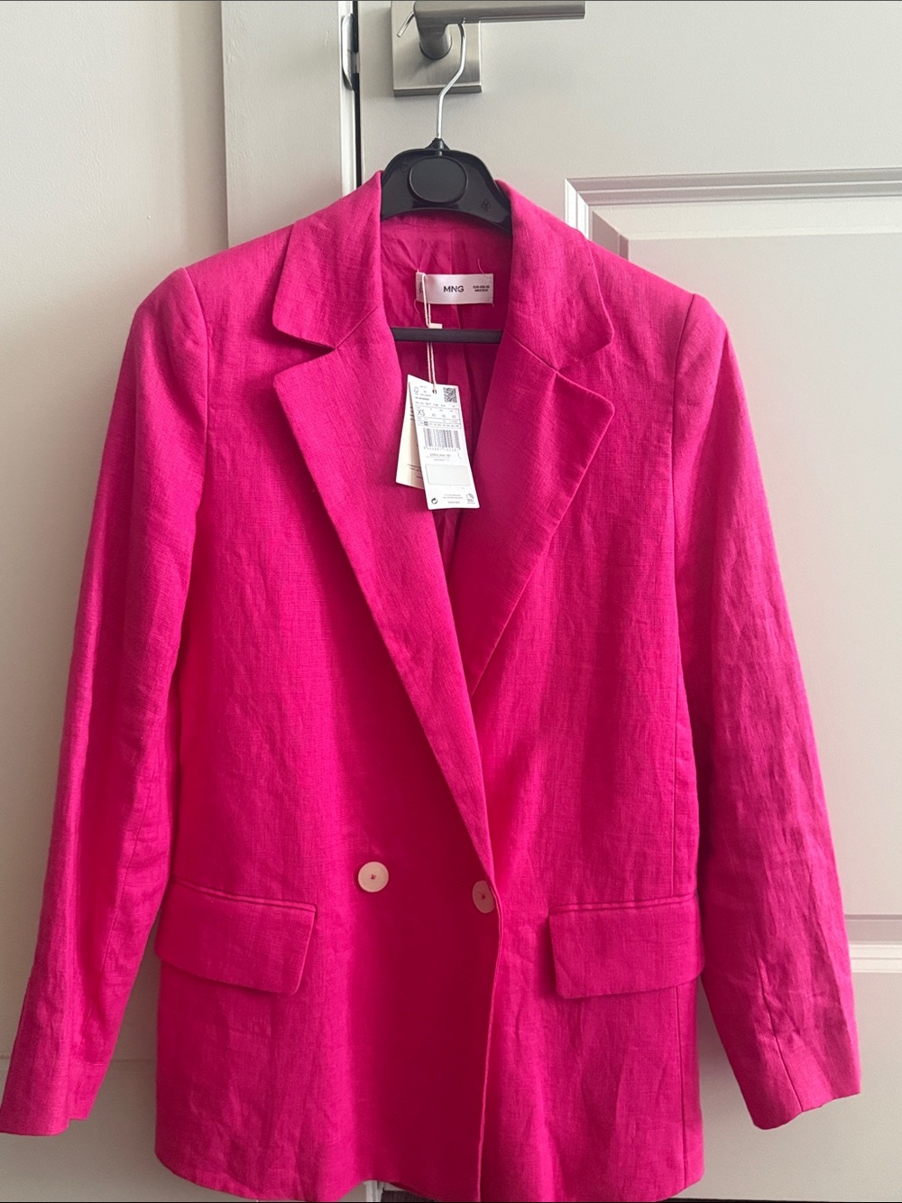 Mango Hot Pink Double-Breasted Linen Blend Blazer